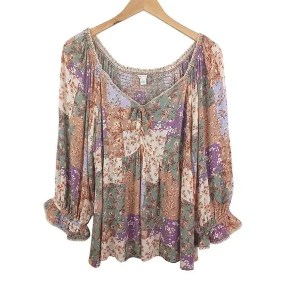 Cato Floral Patchwork Babydoll Boho Top L Milkmaid Smocked Cottagecore Peasant - Picture 1 of 11